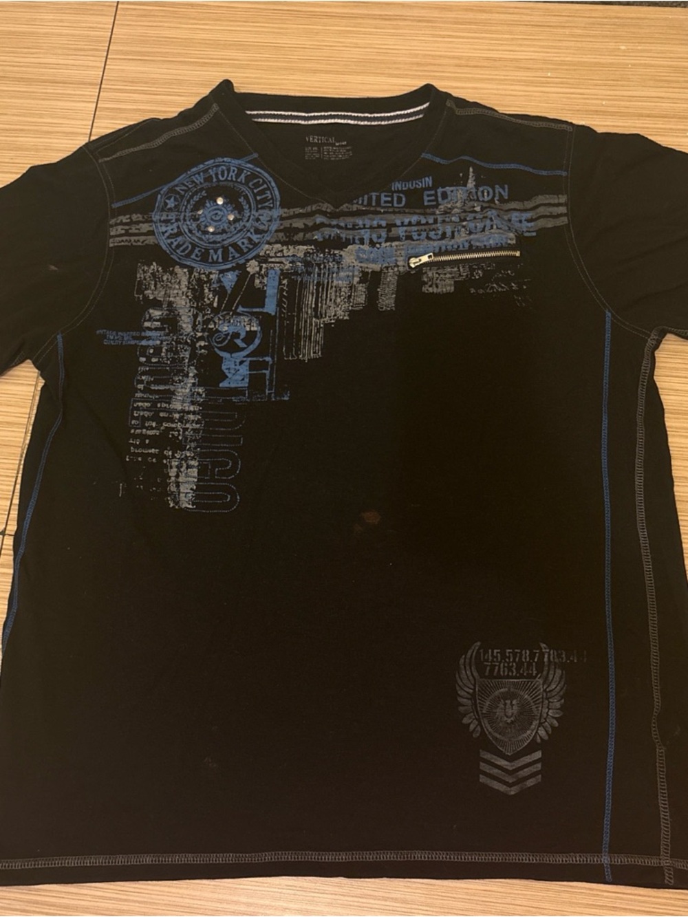 Men's Black Graphic Short Sleeve Tee with Blue Accents